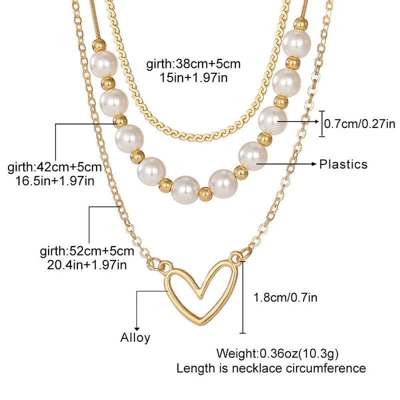 Vintage Love Heart Pearl Gold Necklace with Heart-Shaped Alloy Pendant on 41-50cm Metal Pearl Chain, Double-Style Electroplated Jewellery in Colour Options HS15561, HS15562, HS15563