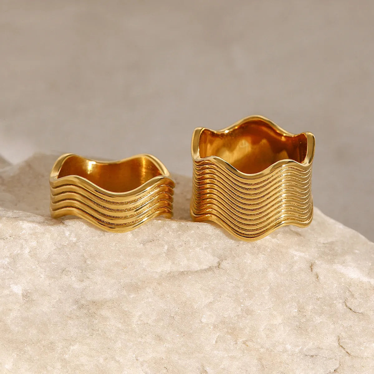 Stainless steel geometric wave ring with 8mm wide band and electroplated finish