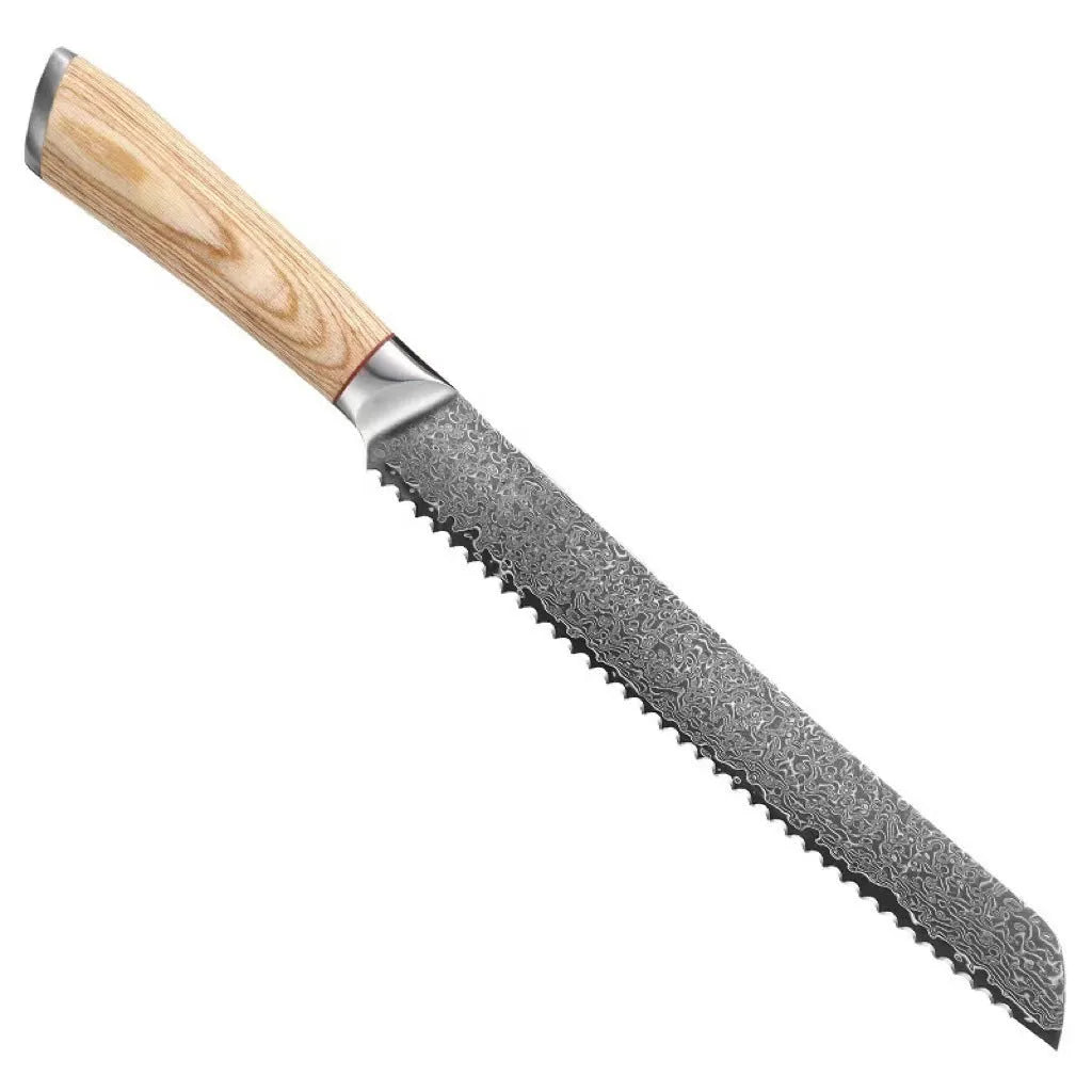 Damascus pattern kitchen knife set with eight stainless steel blades in various sizes