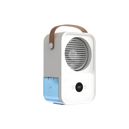 White USB desktop fan with voice control, dimensions 163mm x 104mm x 240mm, four speed settings