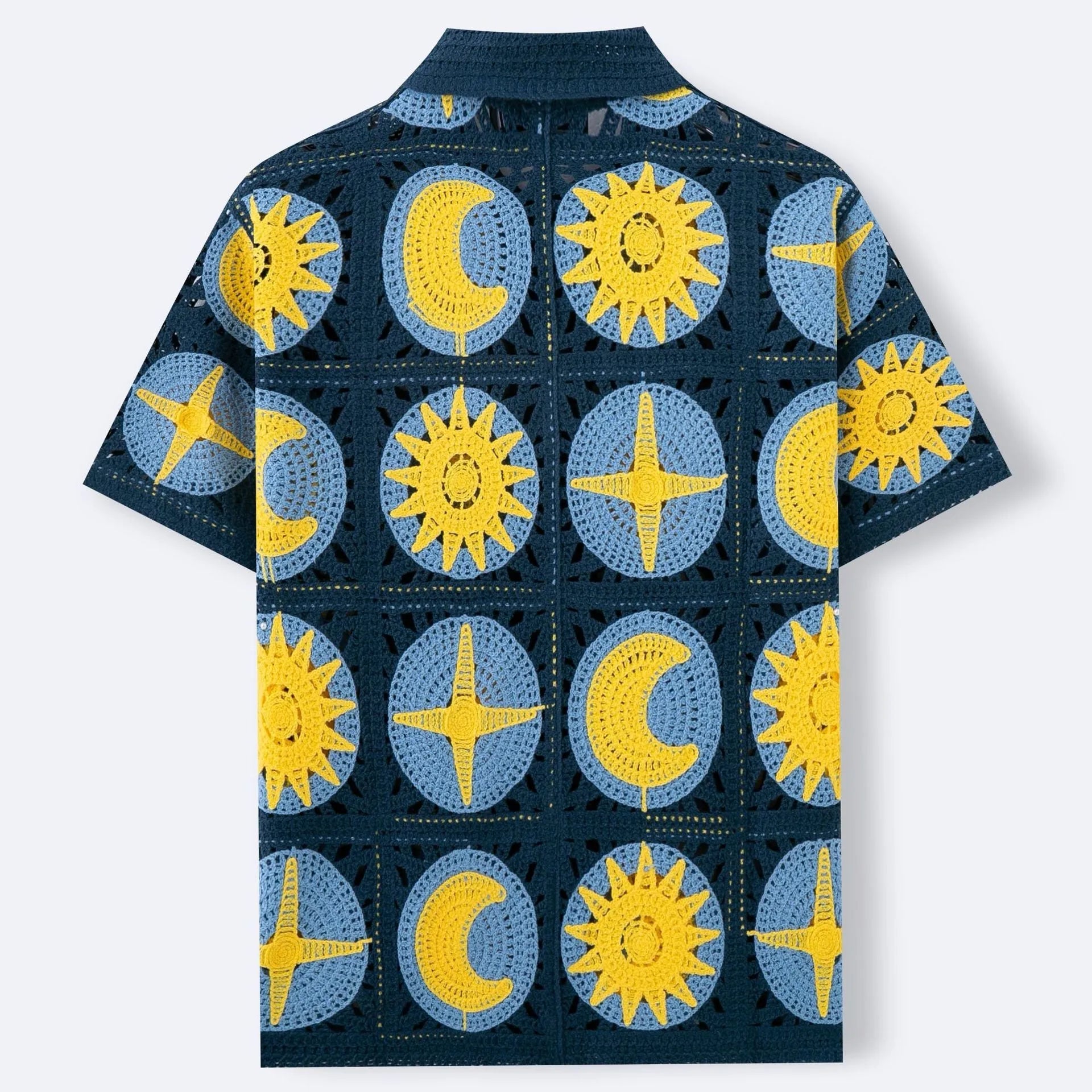 Navy blue men's short-sleeve cardigan with a cartoon flocking design on the front.