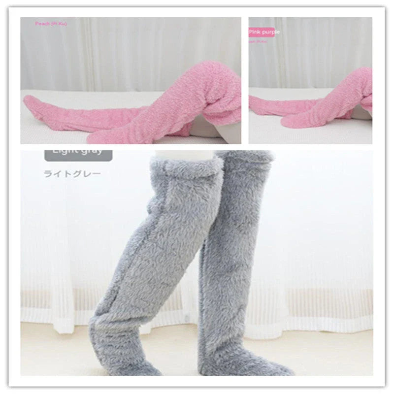Cozy over-the-knee fuzzy socks in various colors, including brown, blue, dark gray, pink, silver, and more. Comfortable cotton design for warm, snug legs.