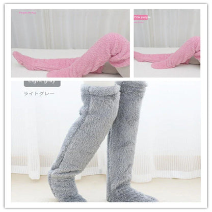 Cozy over-the-knee fuzzy socks in various colors, including brown, blue, dark gray, pink, silver, and more. Comfortable cotton design for warm, snug legs.