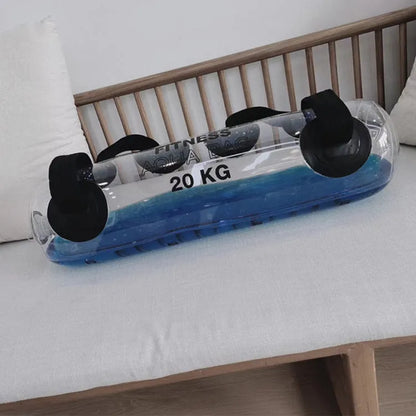 Transparent PVC inflatable water bag dumbbell for adjustable weight training.