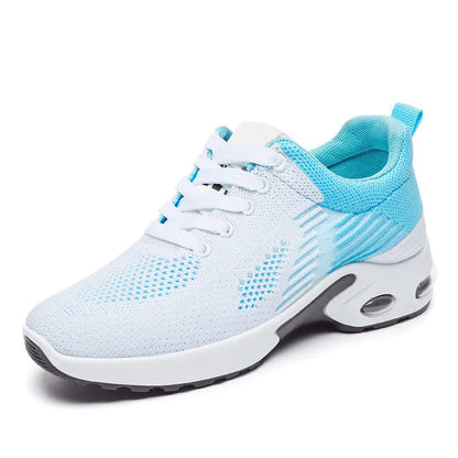 Women's striped Flyknit casual running shoes in pink, shown with a flat PVC sole and front lace-up closure.
