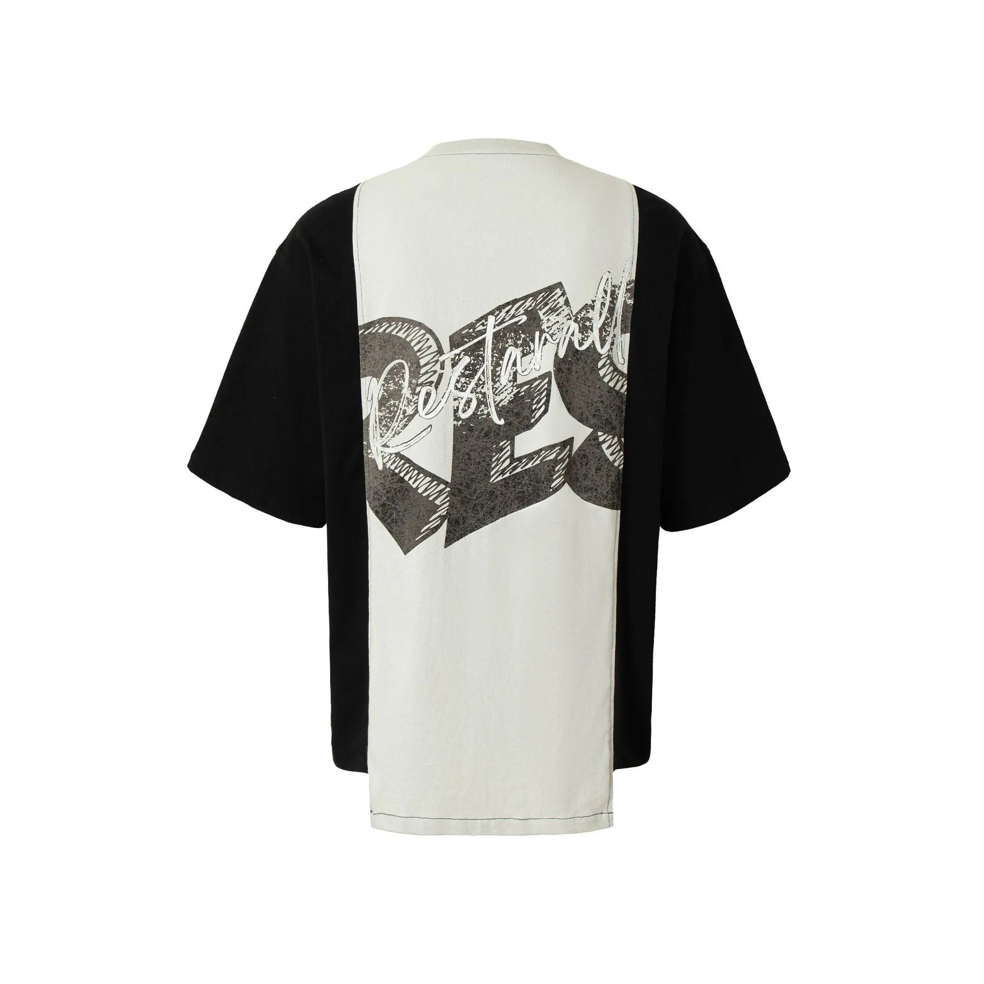Black and white broken collage print on a loose short sleeve cotton blend T-shirt.