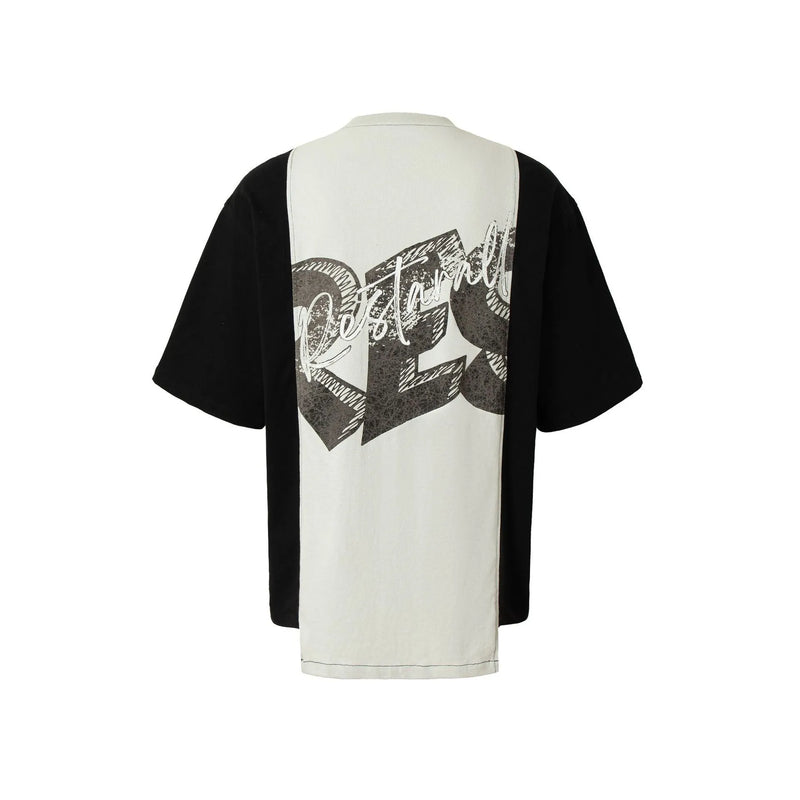 Broken collage deconstruction printed short sleeve cotton blend T-shirt in black and white stitching for teenagers and the general public in loose streetwear style with sizes M, L, XL, and XXL suitable for summer wear.