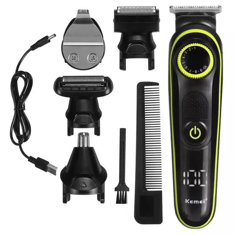 Black rechargeable electric hair clipper set with stainless steel blade and automatic grinding head