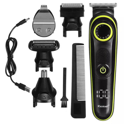 Black rechargeable electric hair clipper set with stainless steel blade and automatic grinding head