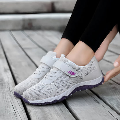 Women's grey purple soft sole velcro shoes with a low-top mesh upper and wedge heel.