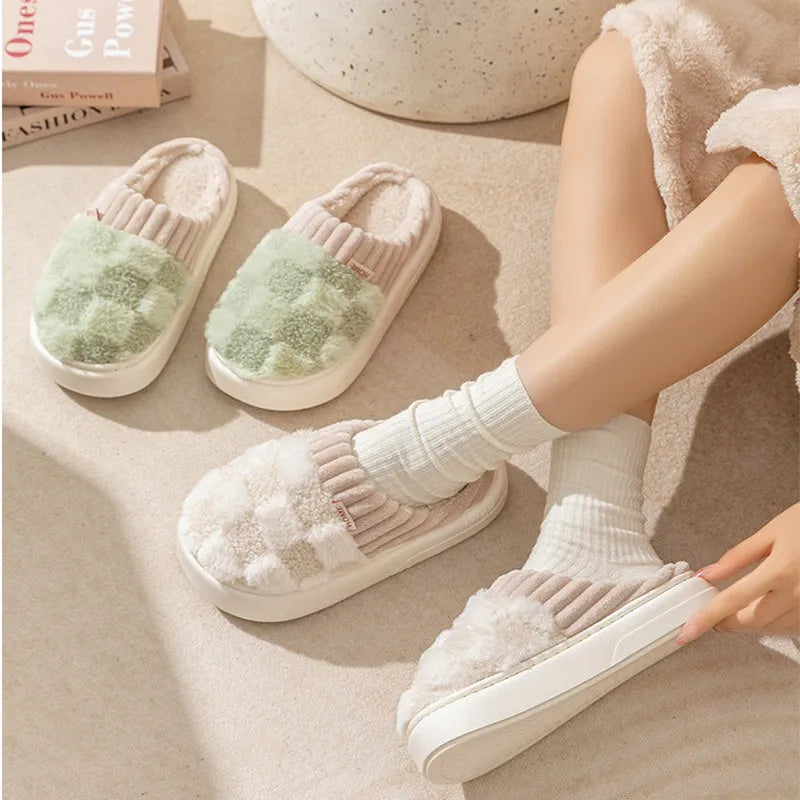Women's plaid pattern plush slippers with coral velvet upper and non-slip sole in multiple colour options