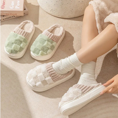 Women's plaid pattern plush slippers with coral velvet upper and non-slip sole in multiple colour options