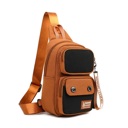 Nylon crossbody shoulder bag with letter pattern in beige contrast colour.