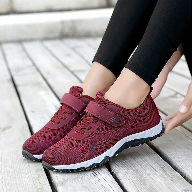 Women's grey purple soft sole velcro shoes with a low-top mesh upper and wedge heel.