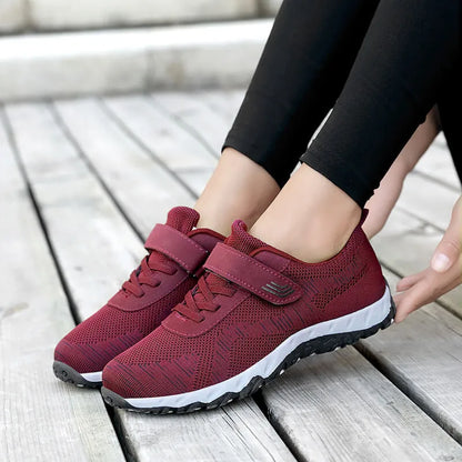 Women's grey purple soft sole velcro shoes with a low-top mesh upper and wedge heel.