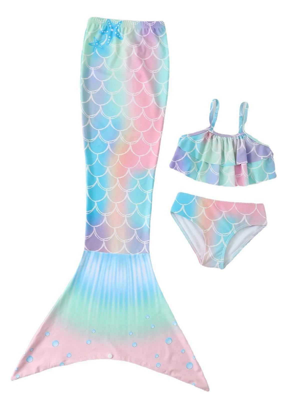 Children's swimsuit set with bikini top and fish tail skirt in pink colours