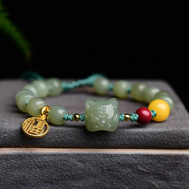 Natural Hetian jade cinnabar beeswax bracelet with animal zodiac modelling and 5x7mm beads