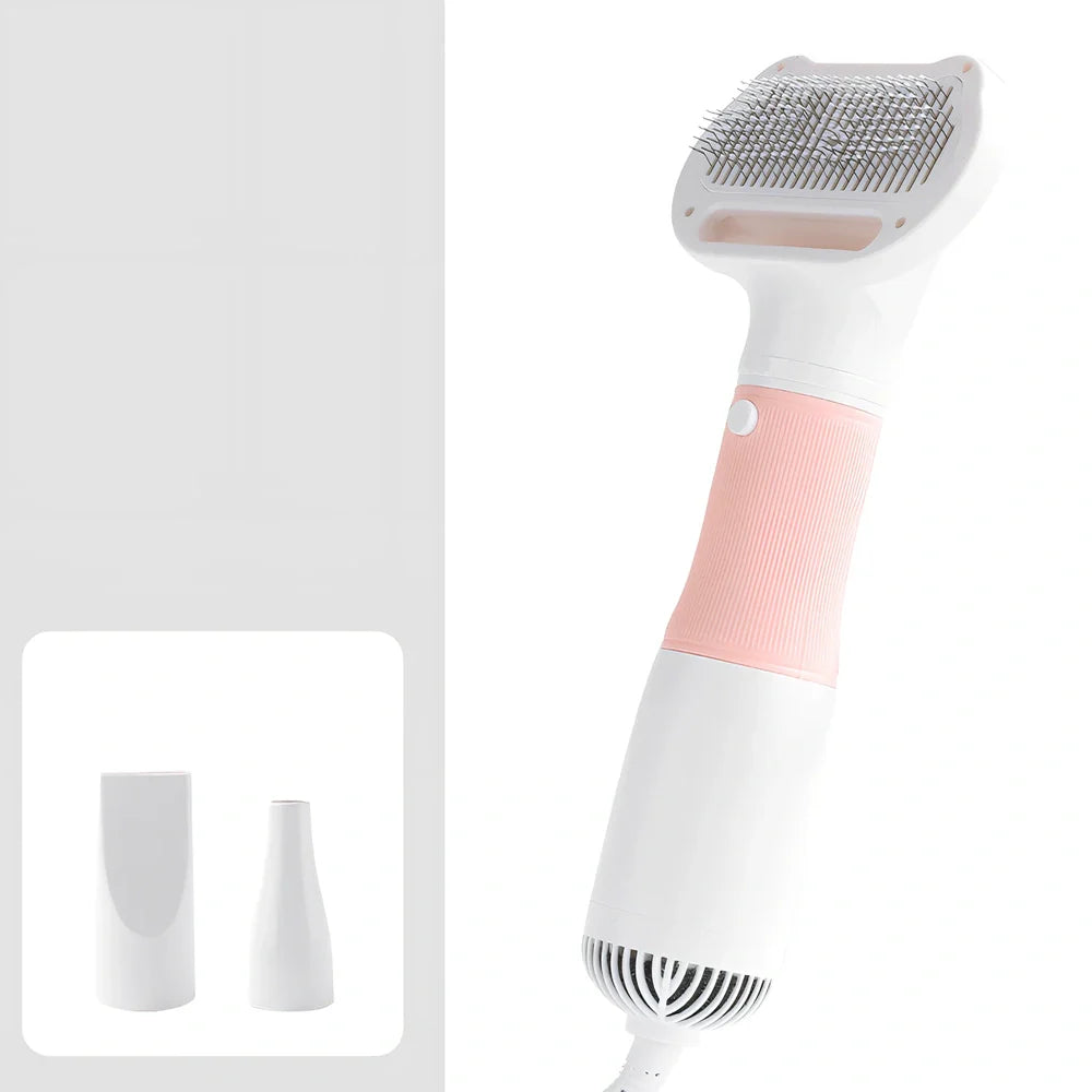 Grey electric pet grooming comb with hair removal function, 29cm length with two wind head attachments