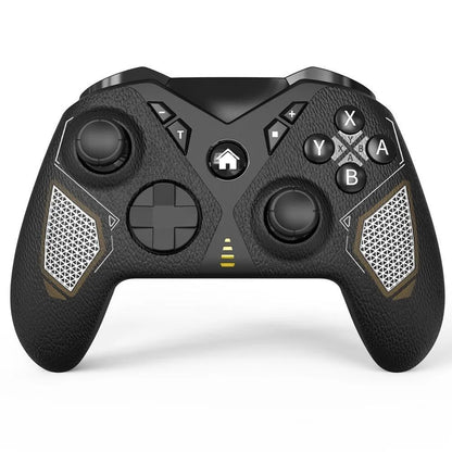 Black wireless game controller with leather-textured ABS plastic body, showing dimensions and Type-C port