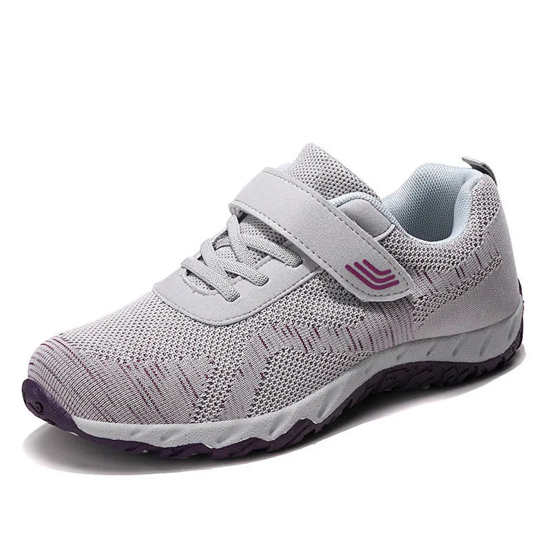 Women's grey purple soft sole velcro shoes with a low-top mesh upper and wedge heel.