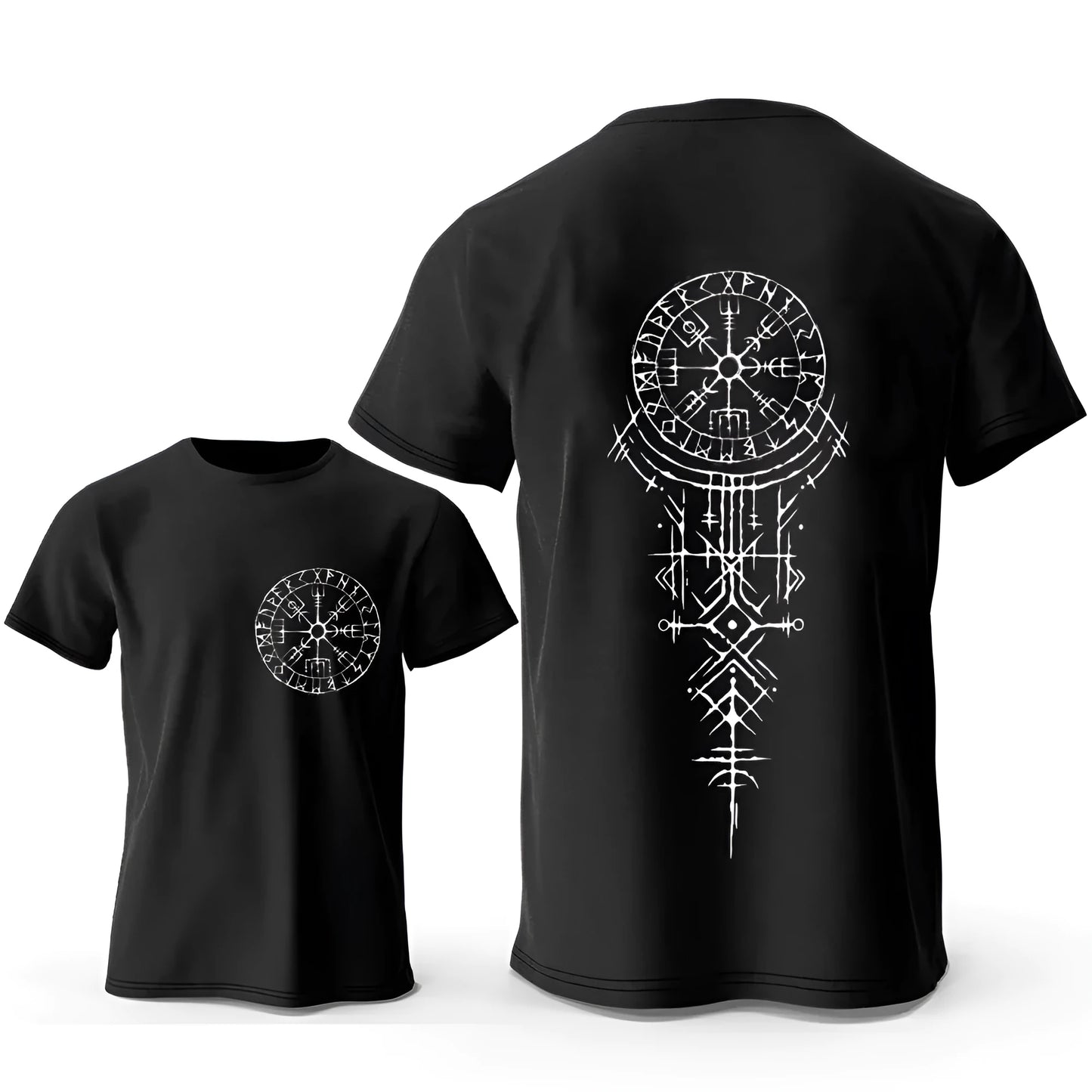 Men's grey T-shirt with a large black Viking rune compass graphic printed on the chest.