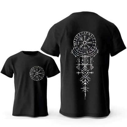 Men's grey T-shirt with a large black Viking rune compass graphic printed on the chest.