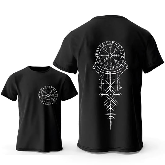 Men's grey T-shirt with a large black Viking rune compass graphic printed on the chest.