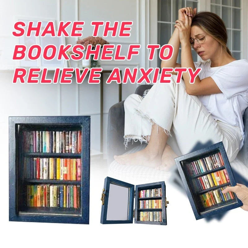 Handcrafted mini bookshelf made of wood with 60 miniature books for stress relief and mindfulness