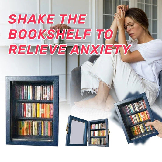 Handcrafted mini bookshelf made of wood with 60 miniature books for stress relief and mindfulness