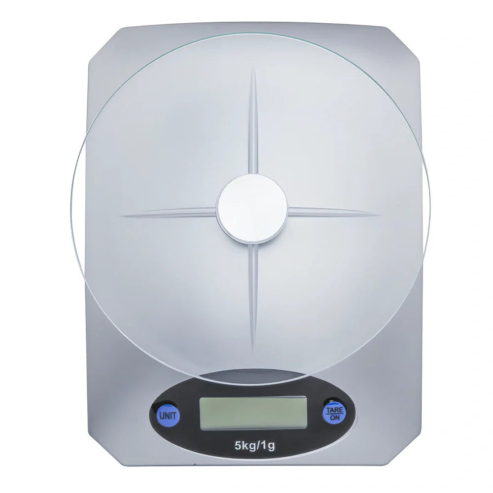 Silver white mini electronic kitchen scale with digital display showing 0.1g precision measurements