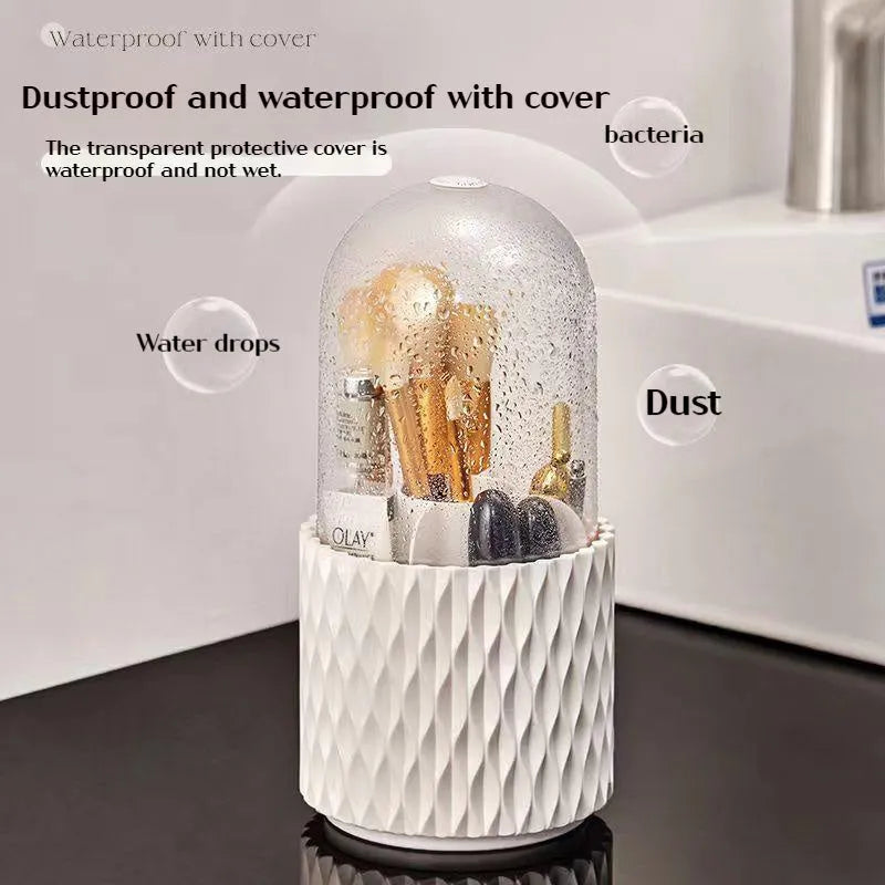 White rotating acrylic makeup brush holder with transparent dust cover on desktop