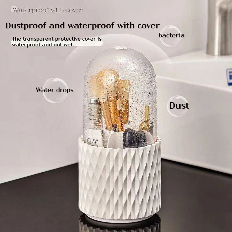 Rotating makeup brush holder with transparent cover, designed for organization and protection of cosmetic tools