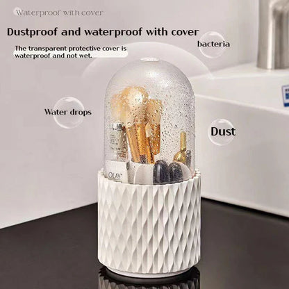 Rotating makeup brush holder with transparent cover, designed for organization and protection of cosmetic tools