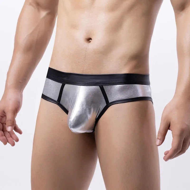 Men's low-waist bikini swim briefs in patent leather gold, red, or silver colours with body-shaping polyester construction