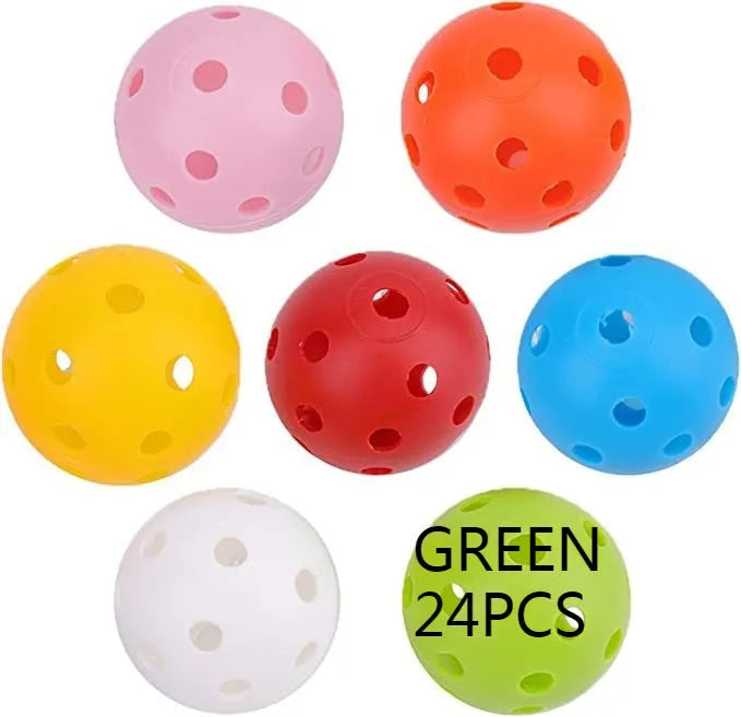 Multi-colour golf practice balls in red, orange, blue, green, white, and yellow, 42mm diameter, packed in a net pocket