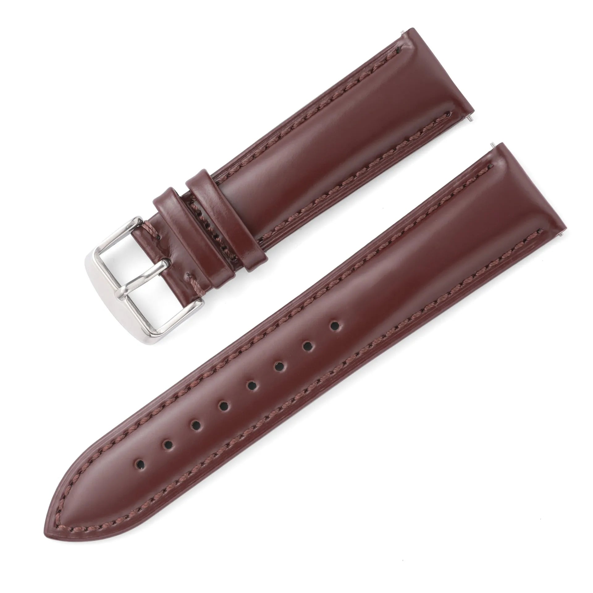 Quick release leather watch strap in bright cowhide, showing colour options and width sizes from 18mm to 22mm