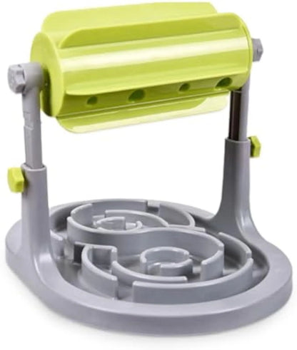 Blue adjustable height pet puzzle feeder with raised food tray patterns for slow eating