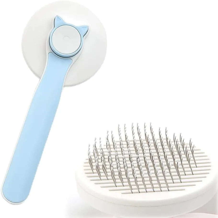 Self-cleaning cat brush with blue handle and metal needles for grooming pets