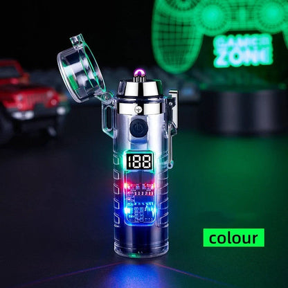 Transparent shell dual arc USB charging lighter with waterproof LED light in various colors