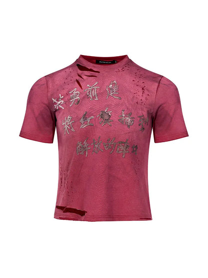 Men's red slim-fit distressed t-shirt with short sleeves and round neck in Korean youth style