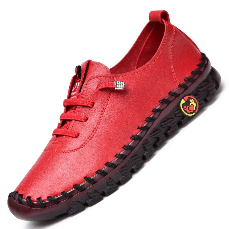 Women's handmade soft sole shoes with microfiber upper, round toe, 3-5cm heel, in black, white, red, or brown.