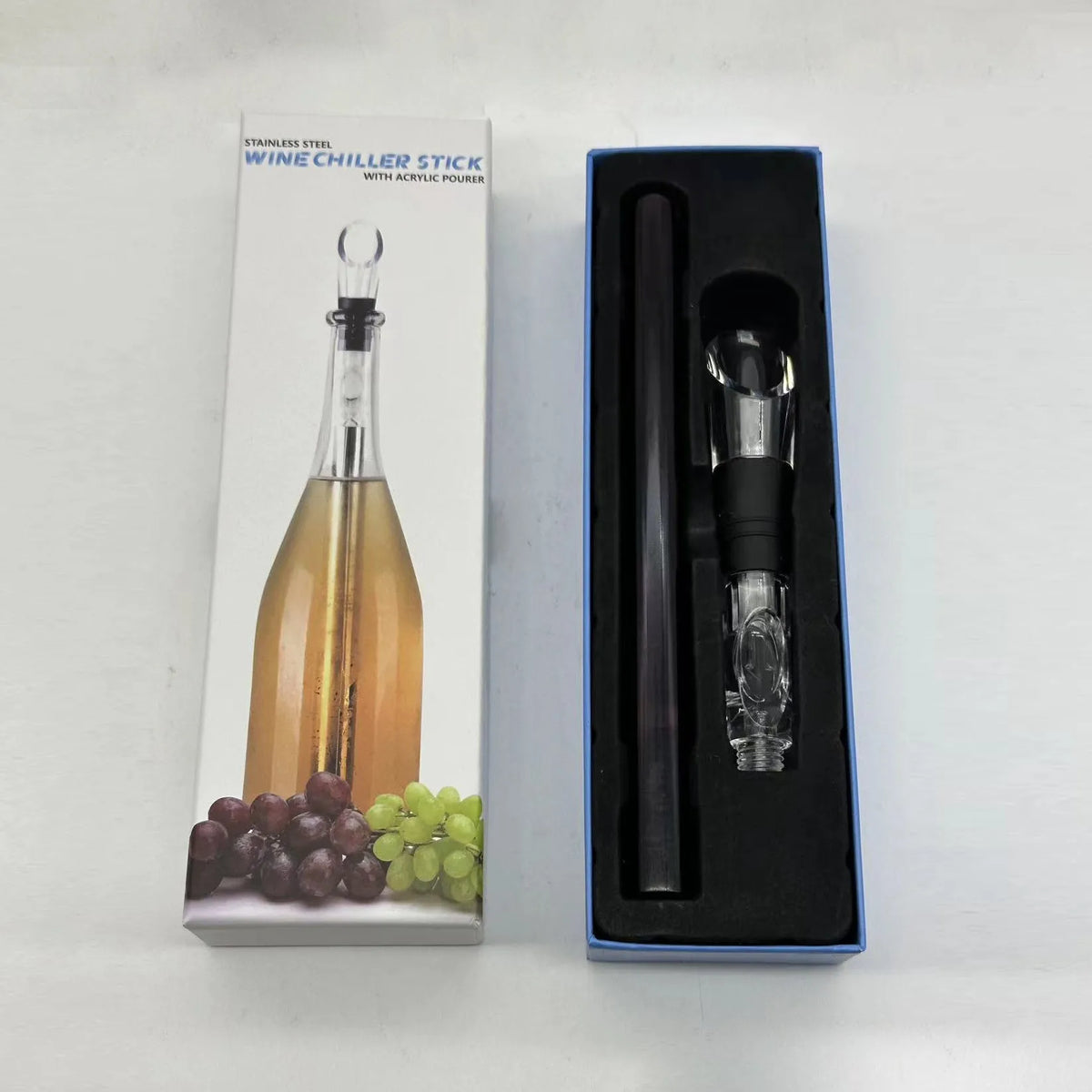 Stainless steel wine chilling rod with acrylic aerator pourer for cooling bottles from inside