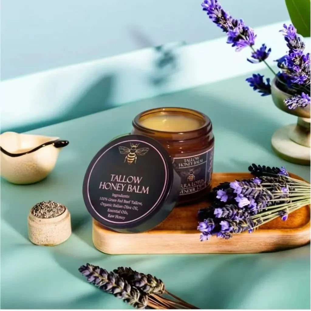 Glass jar of Honey Butter Moisturising Facial Cream with 57g net content label, shown with cream texture.
