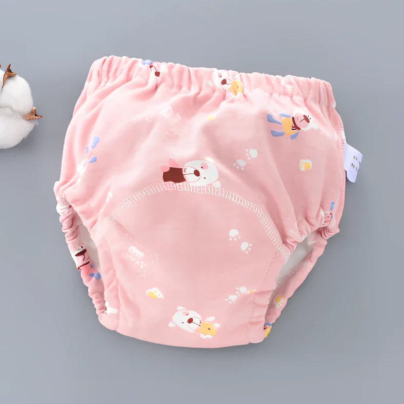Washable baby training pants with 6-layer gauze construction in assorted patterns including animals and geometric designs