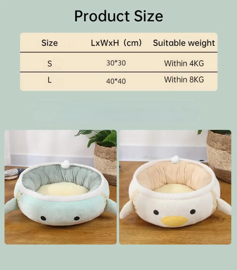 Green chick-shaped cat bed laid flat with hanging straps attached, suitable for small cats