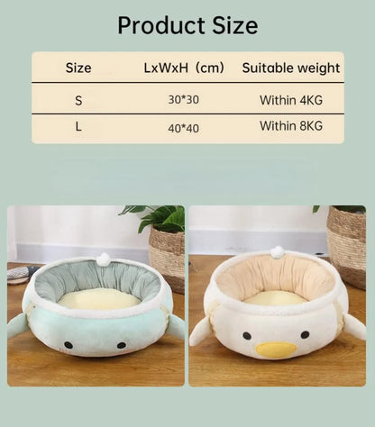 Green chick-shaped cat bed laid flat with hanging straps attached, suitable for small cats