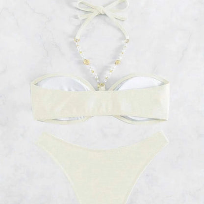 Women's halter neck bikini set in solid colour polyester fabric for swimming