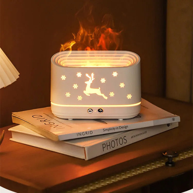 White Elk Flame humidifier diffuser with Christmas pattern and glowing adjustable flame effect.