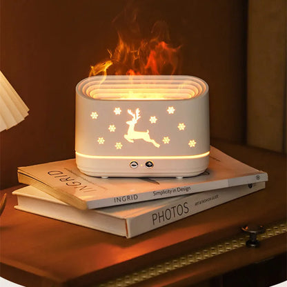 White Elk Flame humidifier diffuser with Christmas pattern and glowing adjustable flame effect.