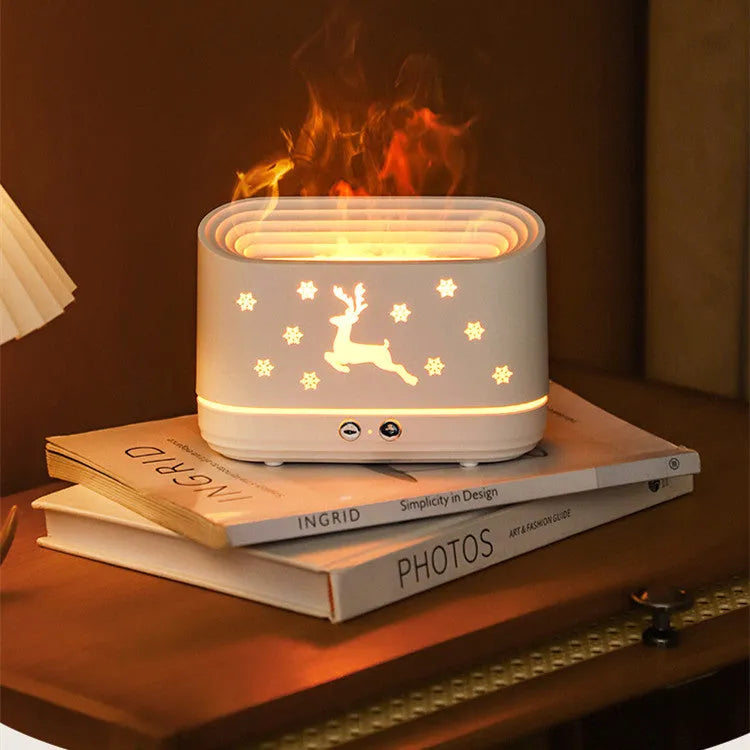 White flame humidifier diffuser with Christmas pattern, USB powered, two fog outlets and flame light effect